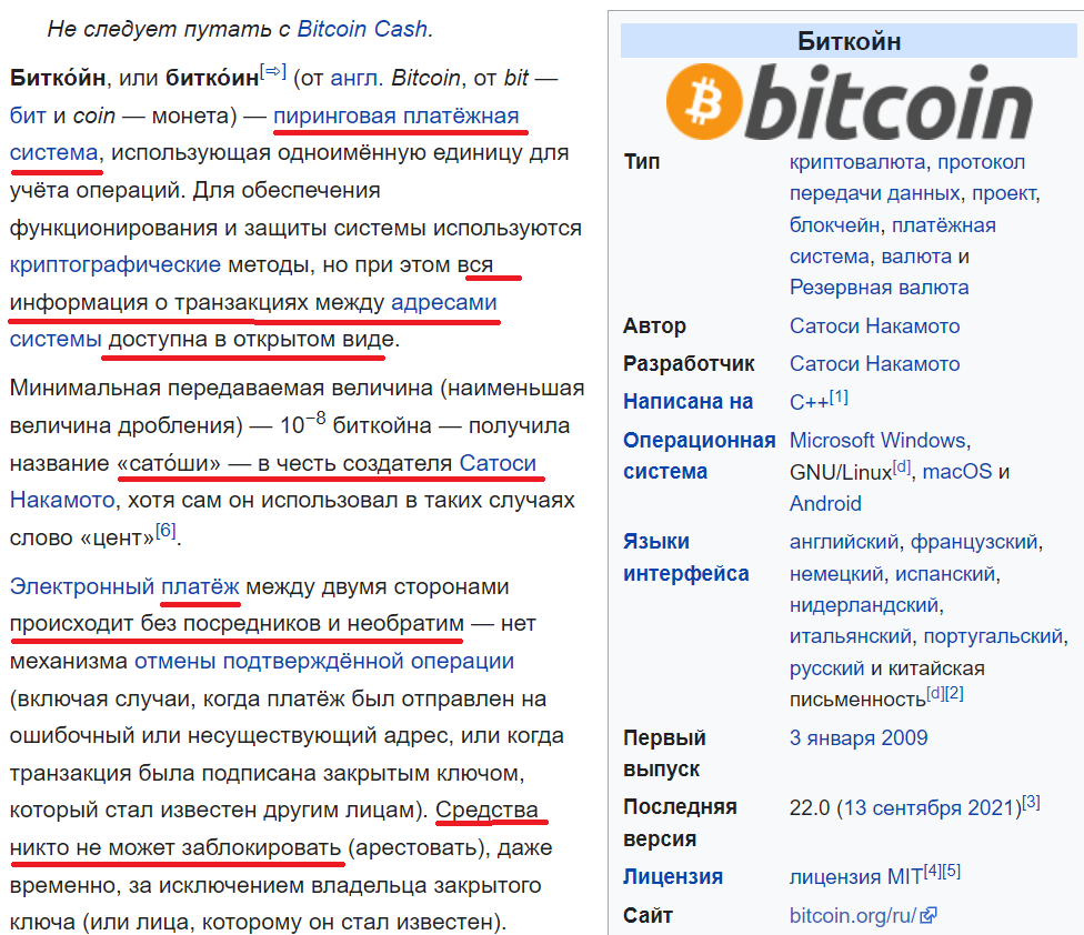 Сведения о биткоине в Википедии